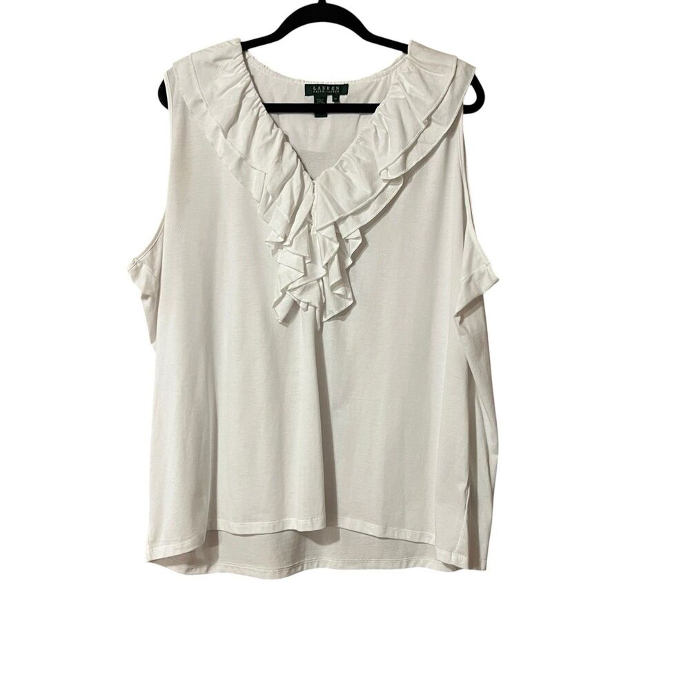 Lauren Ralph Lauren Womens Size 3X White Ruffle Collar Sleeveless Cotton Top